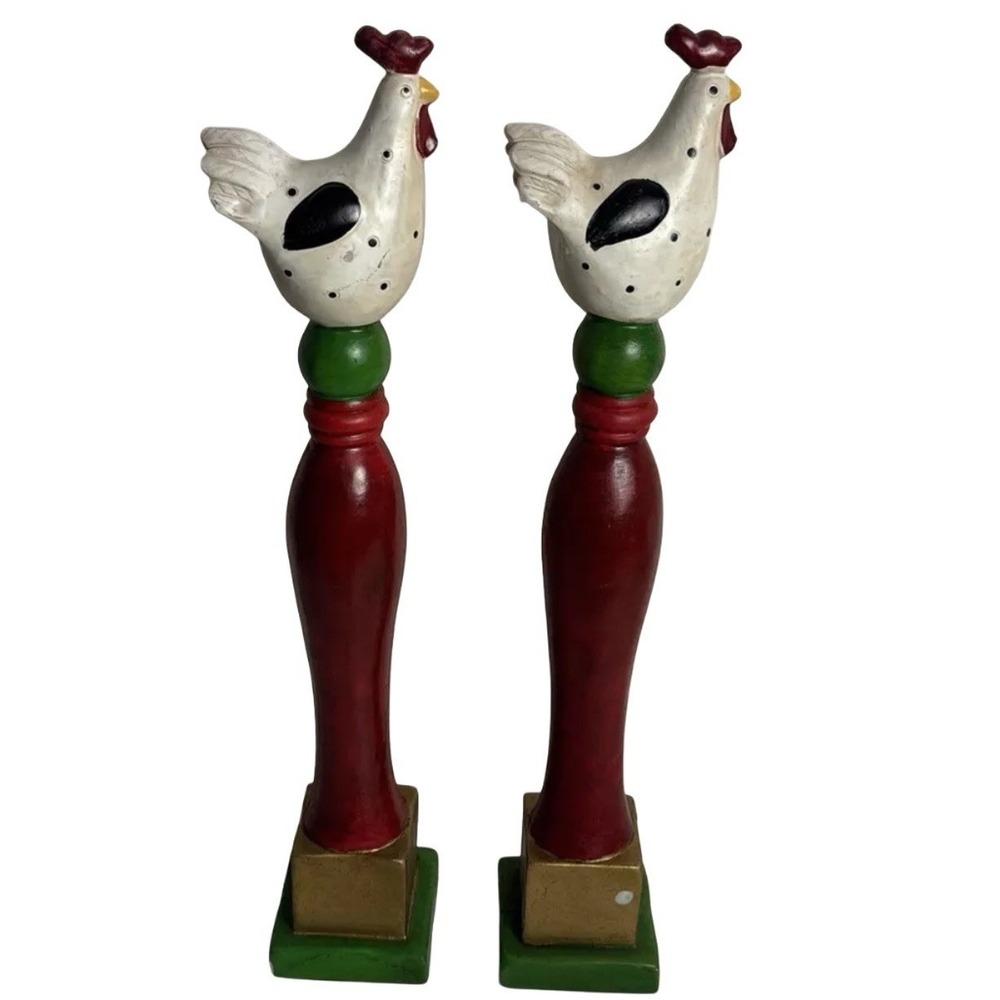 Handmade Vtg Wooden Rooster Figurines‎ Set of 2 Farmhouse Pedestal Decor Farm